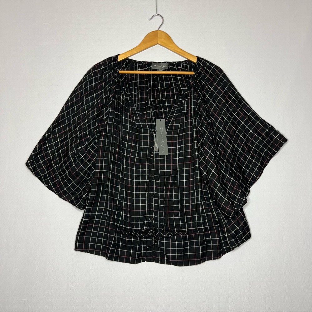 Anthropologie Michael Stars Cascade Woven Black Plaid Brand New Blouse Size L
